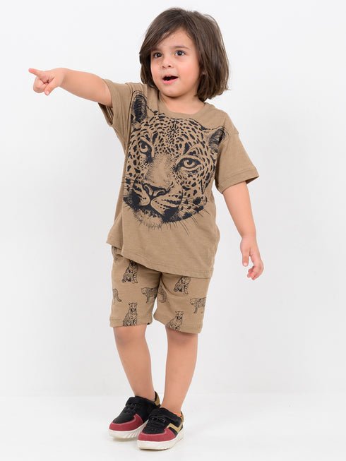 Oversized Tiger Themed Cotton Short Set (Beige)